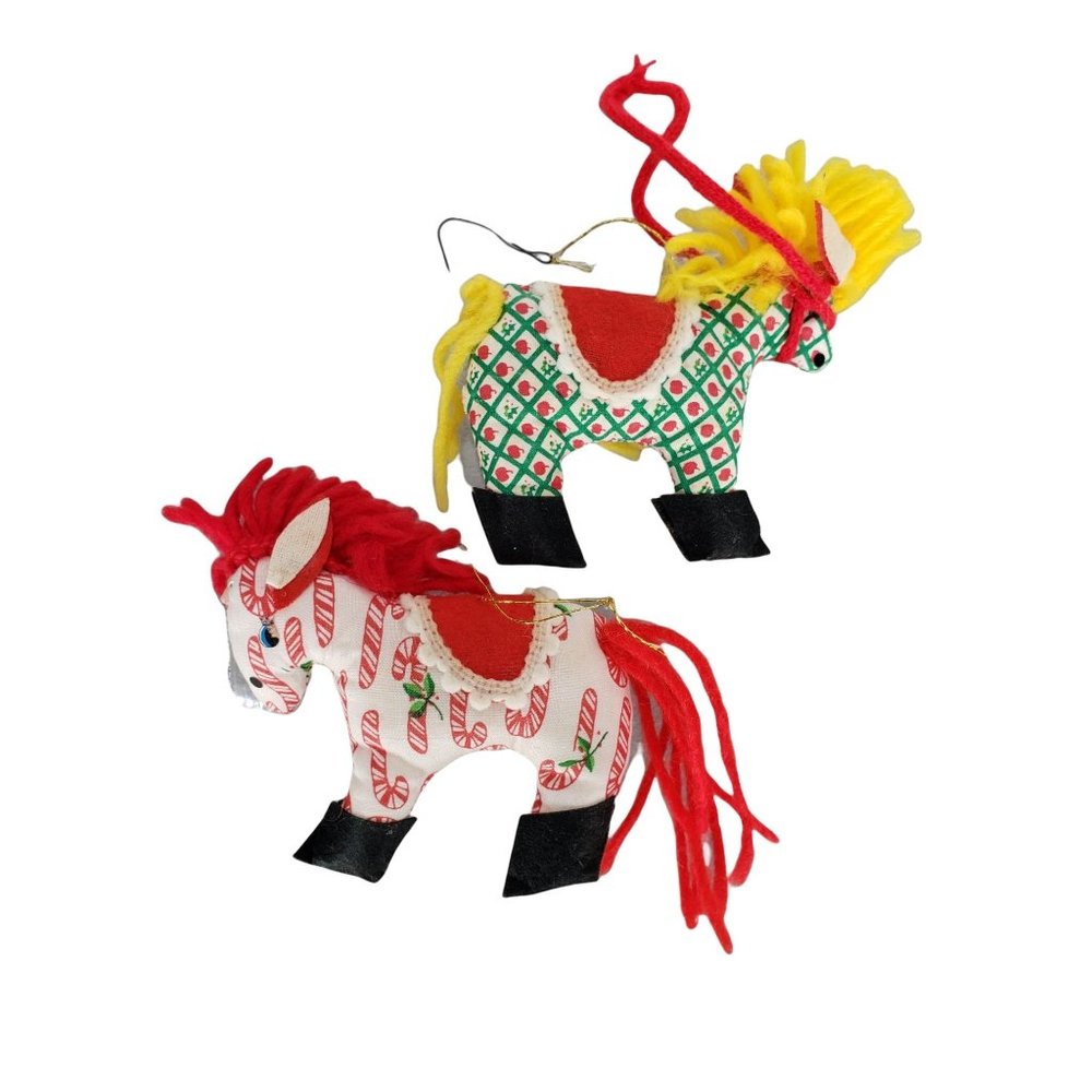 2 Handmade Vintage Christmas Ornament Fabric Cut & Sew Prints Pony Horse Donkey